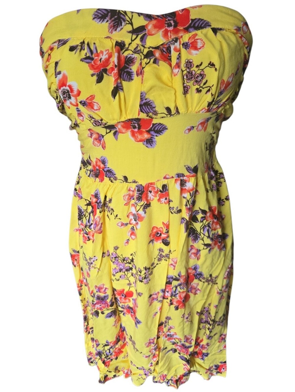 Pretty Rebellious Yellow Floral Strapless Dress with Red & Purple Accents